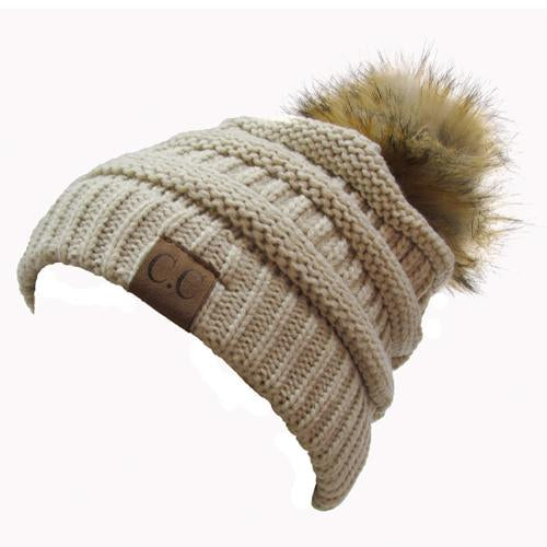 Hat-43 BEANIE W/FAUX FUR POM - BEIGE