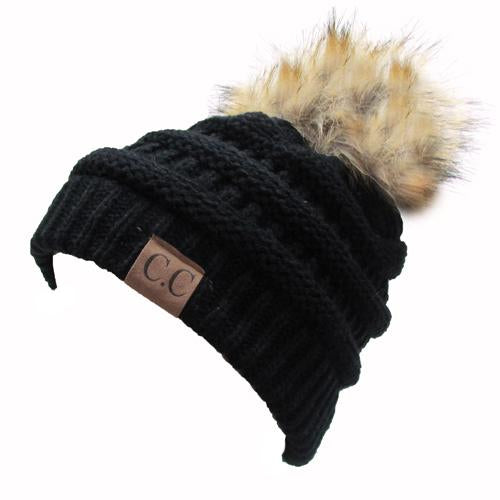 Hat-43 BEANIE W/FAUX FUR POM - BLACK