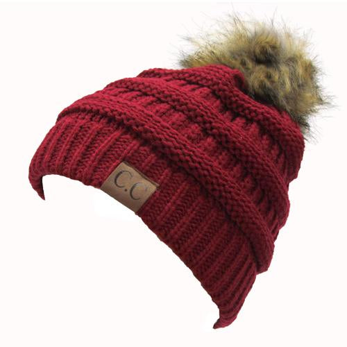 Hat-43 BEANIE W/FAUX FUR POM - BURGUNDY