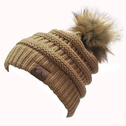 Hat-43 BEANIE W/FAUX FUR POM - CAMEL