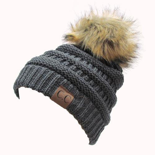 Hat-43 BEANIE W/FAUX FUR POM - DARK MELANGE GREY