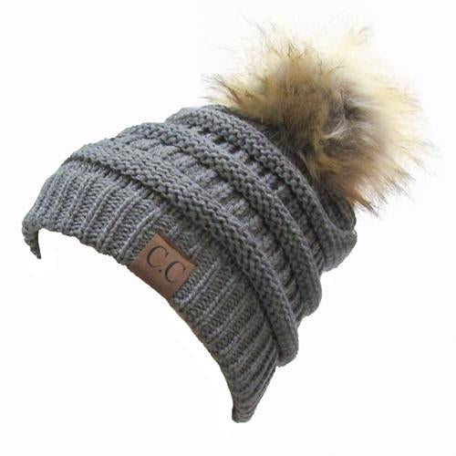 Hat-43 BEANIE W/FAUX FUR POM - LIGHT MELANGE GREY