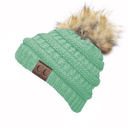 Hat-43 BEANIE W/FAUX FUR POM - Mint