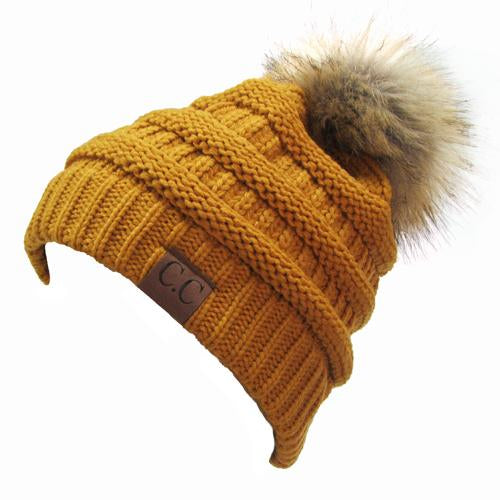 Hat-43 BEANIE W/FAUX FUR POM - MUSTARD