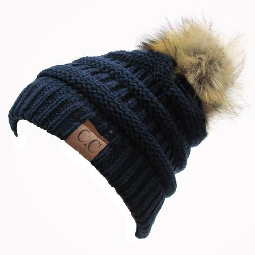 Hat-43 BEANIE W/FAUX FUR POM - NAVY