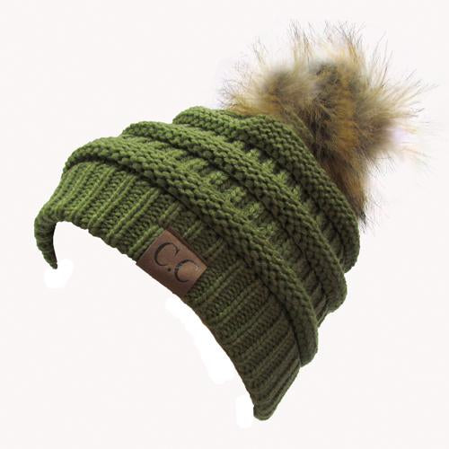 Hat-43 BEANIE W/FAUX FUR POM - OLIVE