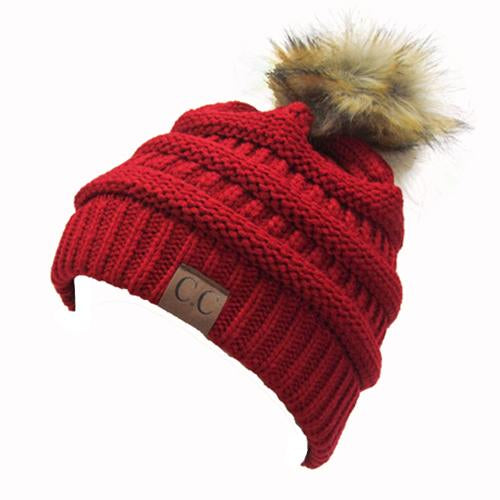 Hat-43 BEANIE W/FAUX FUR POM - RED