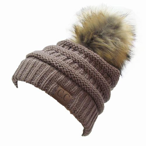 Hat-43 BEANIE W/FAUX FUR POM - TAUPE