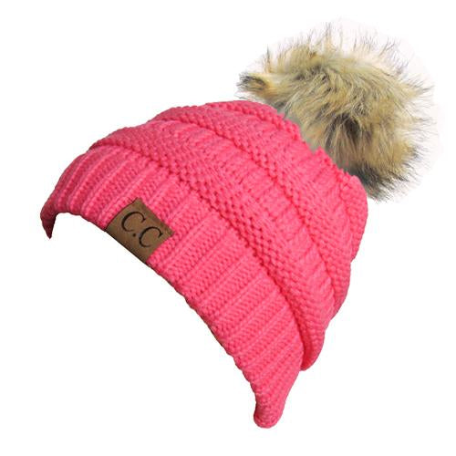 Hat-43 BEANIE W/FAUX FUR POM - NEW CANDY PINK