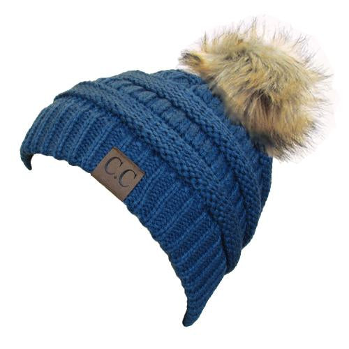 Hat-43 BEANIE W/FAUX FUR POM - DARK DENIM