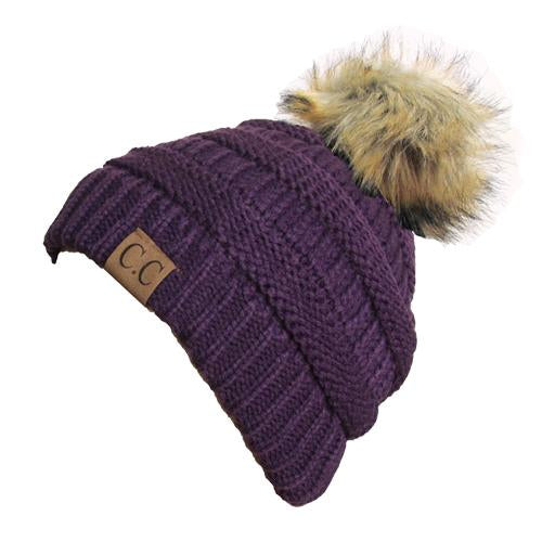 Hat-43 BEANIE W/FAUX FUR POM - DARK PURPLE