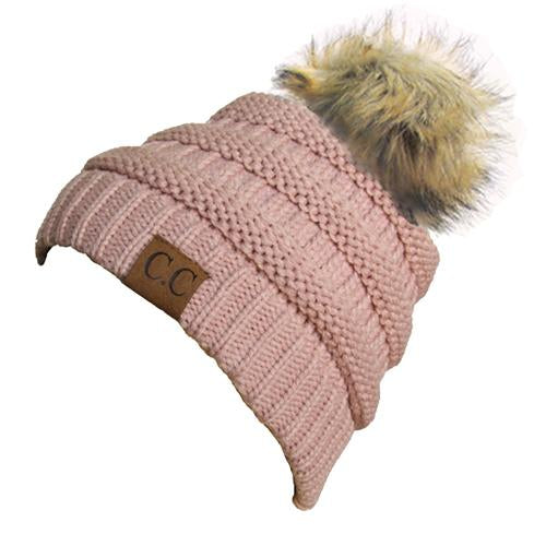 Hat-43 BEANIE W/FAUX FUR POM - INDI PINK