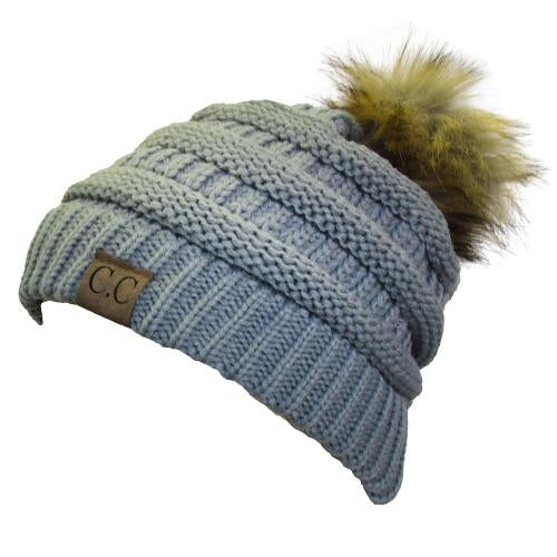 Hat-43 BEANIE W/FAUX FUR POM - NATURAL GREY