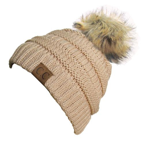 Hat-43 BEANIE W/FAUX FUR POM - NEW BEIGE