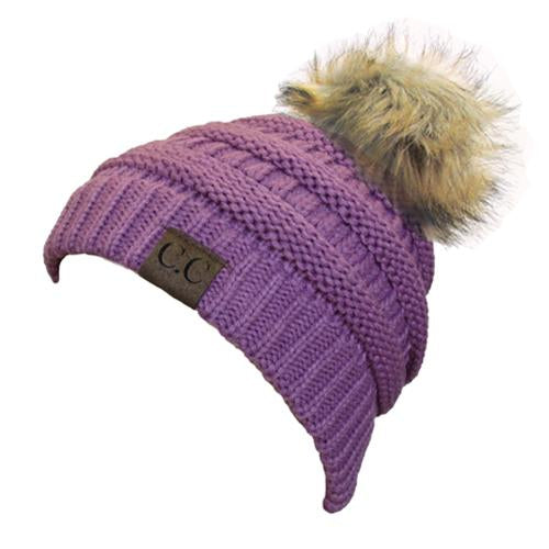 Hat-43 BEANIE W/FAUX FUR POM - NEW LAVENDER