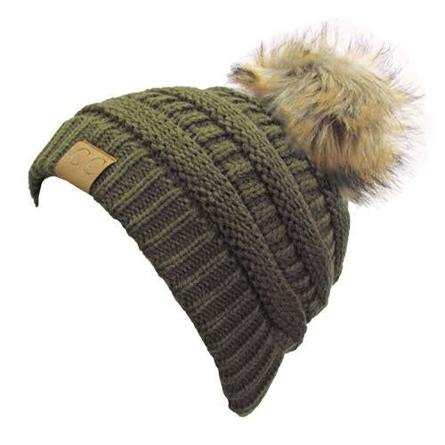 Hat-43 BEANIE W/FAUX FUR POM - NEW OLIVE