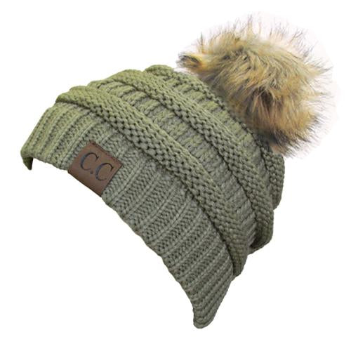 Hat-43 BEANIE W/FAUX FUR POM - NEW SAGE