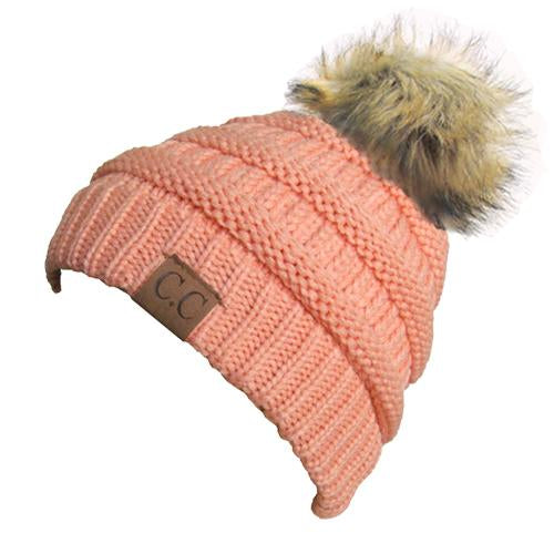 Hat-43 BEANIE W/FAUX FUR POM - PEACH