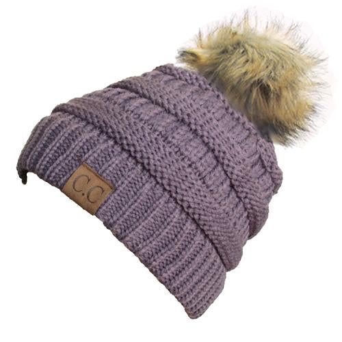 Hat-43 BEANIE W/FAUX FUR POM - VIOLET