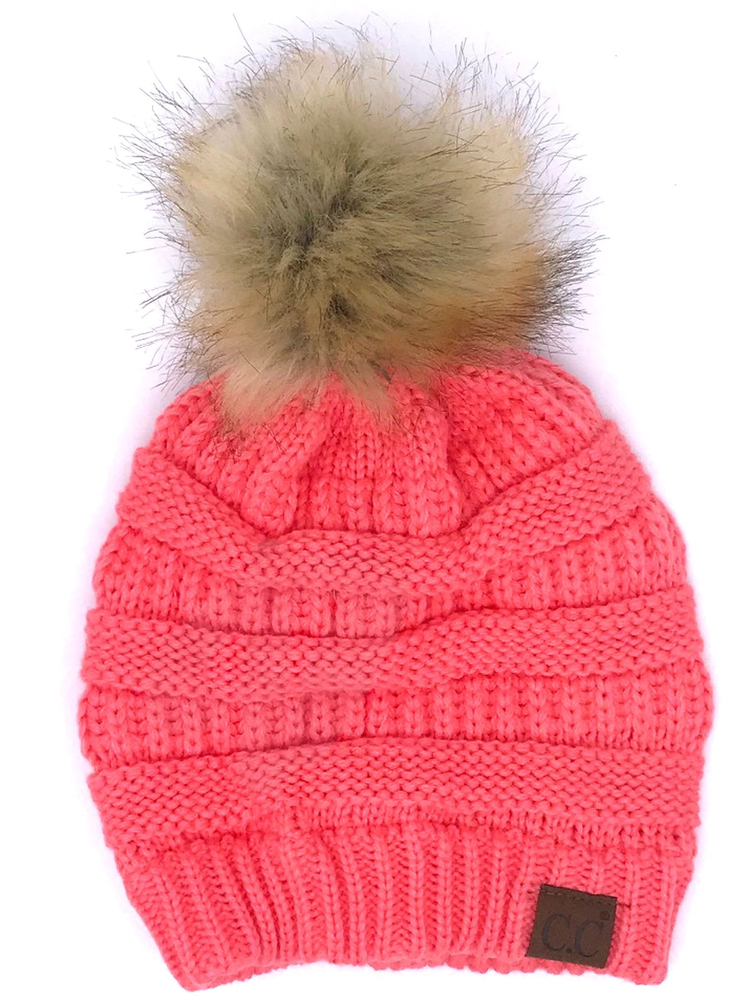 Hat-43 BEANIE W/FAUX FUR POM - CORAL