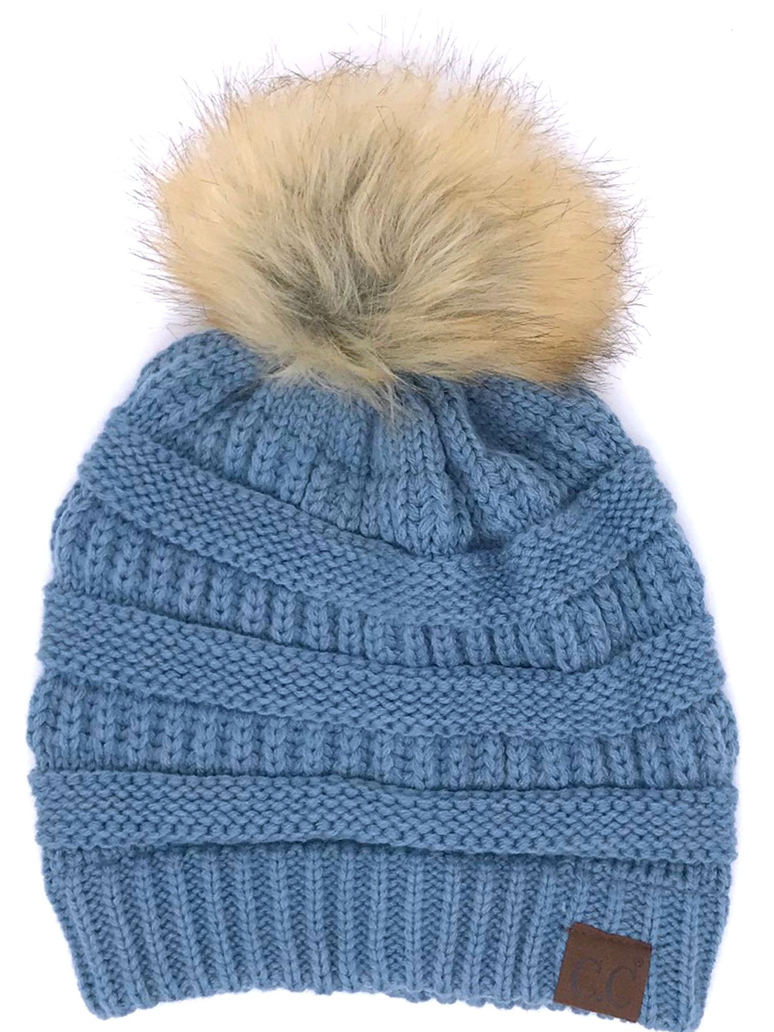 Hat-43 BEANIE W/FAUX FUR POM - DENIM