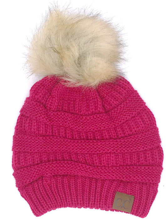 Hat-43 BEANIE W/FAUX FUR POM - HOT PINK