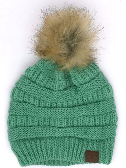 Hat-43 BEANIE W/FAUX FUR POM - SAGE