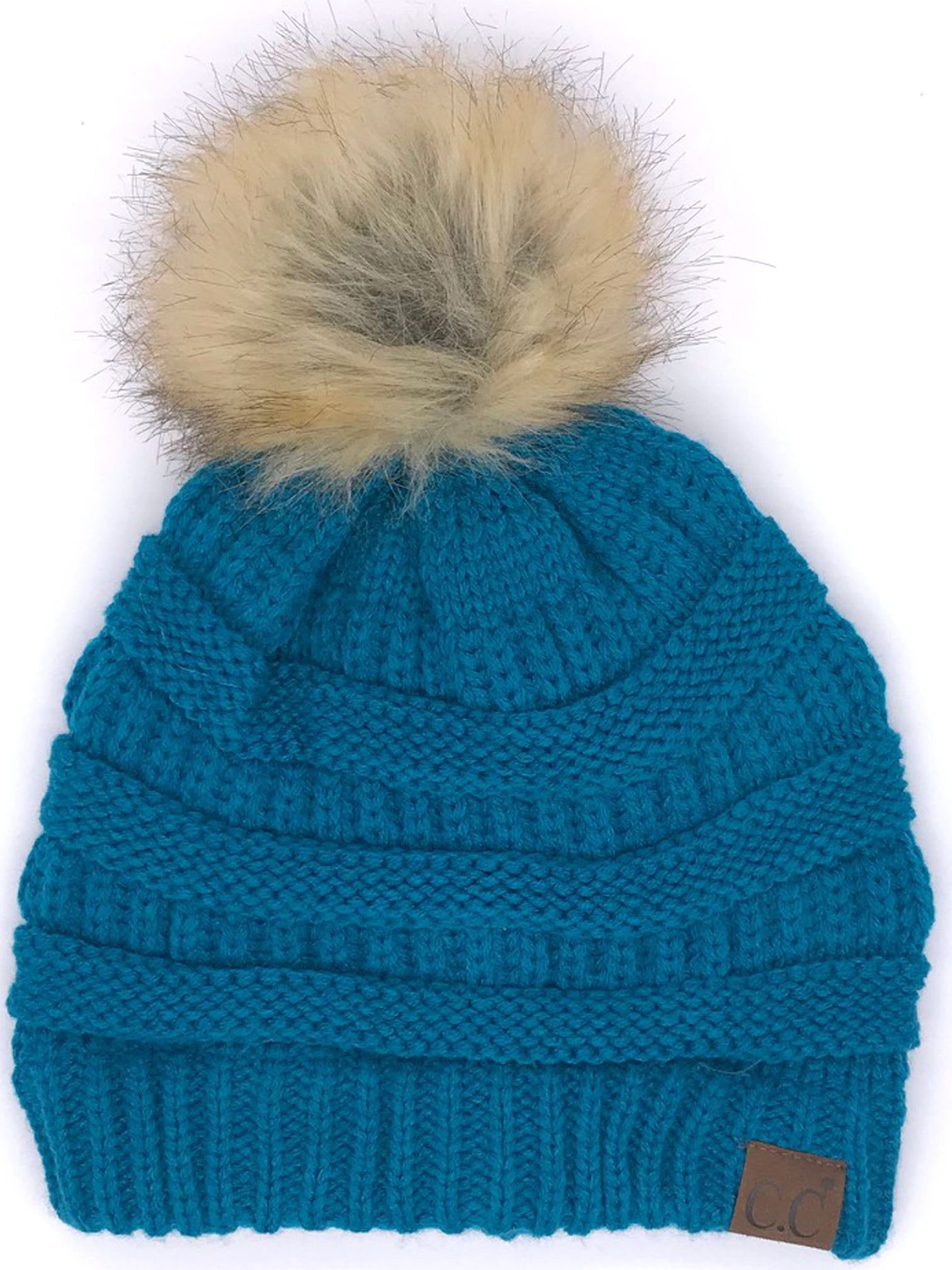 Hat-43 BEANIE W/FAUX FUR POM - TEAL