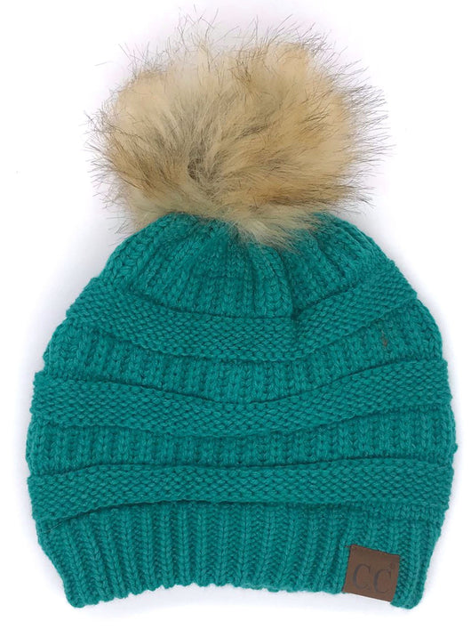 Hat-43 BEANIE W/FAUX FUR POM - SEAGREEN