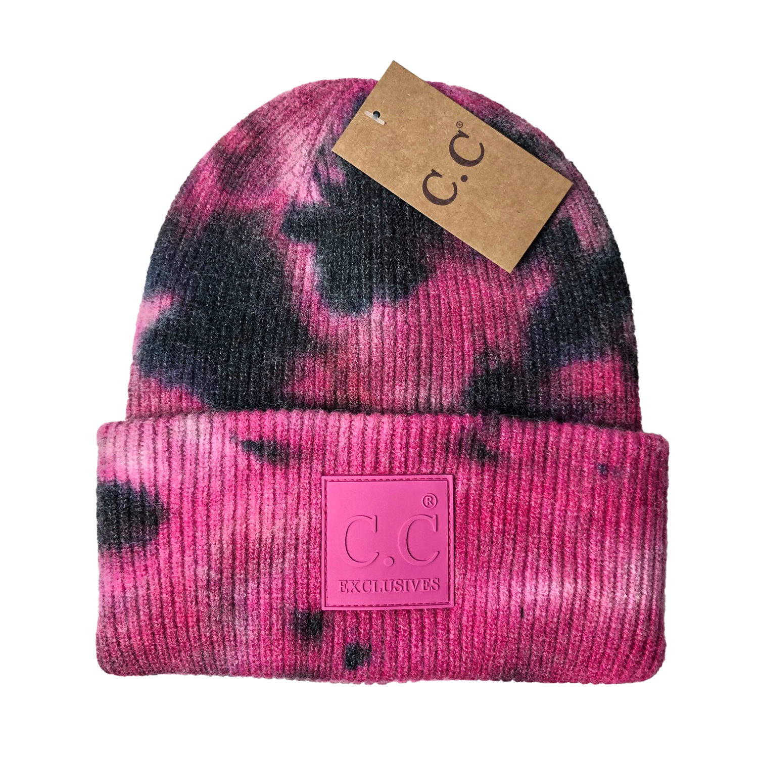 HAT-7380 Tie Dye Beanie with C.C Rubber Patch - Black/Hot Pink