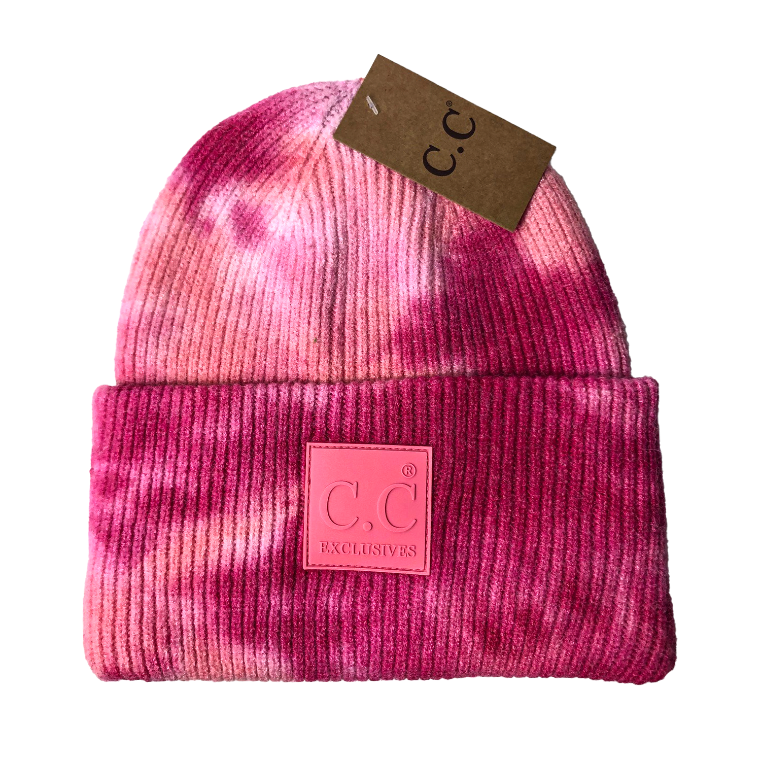 HAT-7380 Tie Dye Beanie with C.C Rubber Patch - Fuschia/Pink