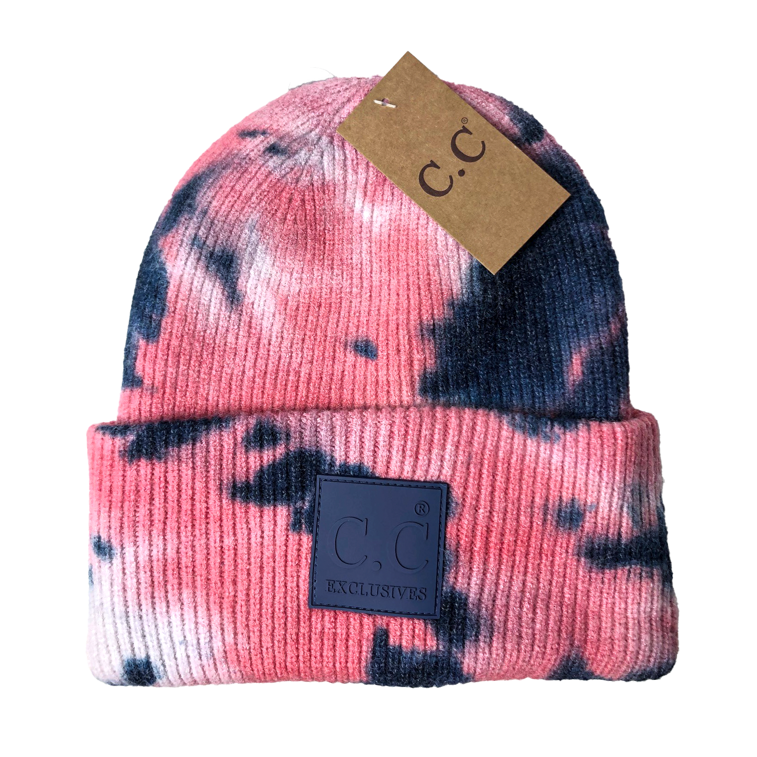 HAT-7380 Tie Dye Beanie with C.C Rubber Patch - Navy/Pink
