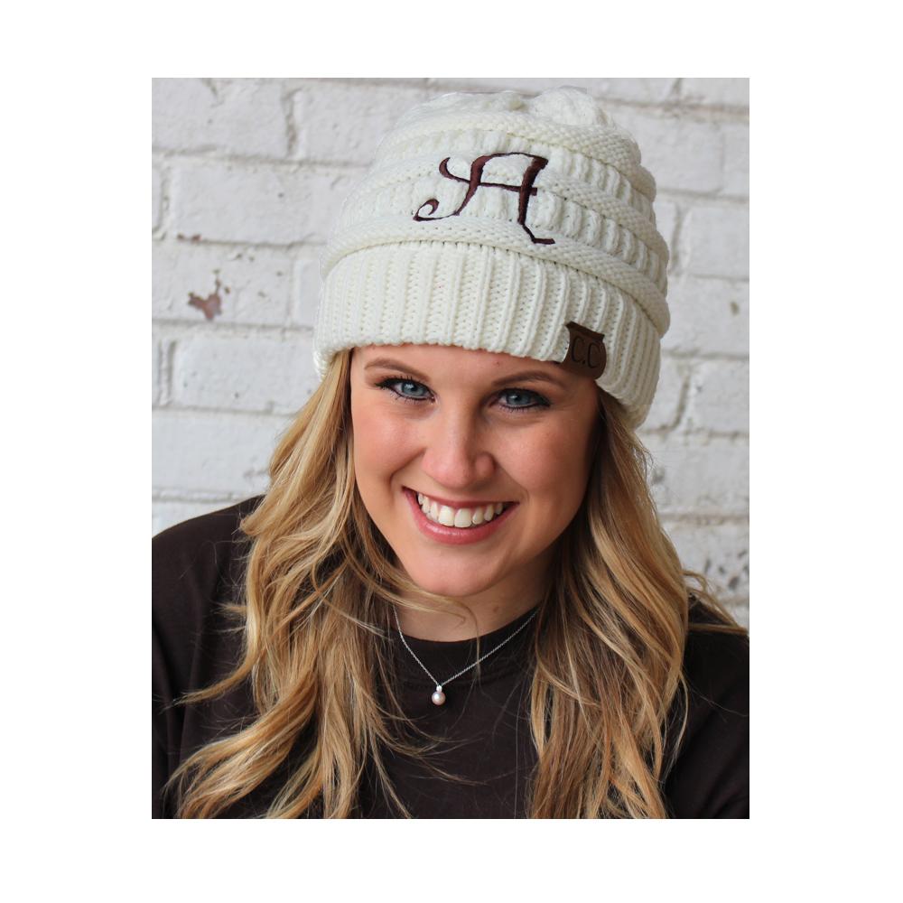 BJ-1 Initial Beanie Ivory with Brown Initial Adult
