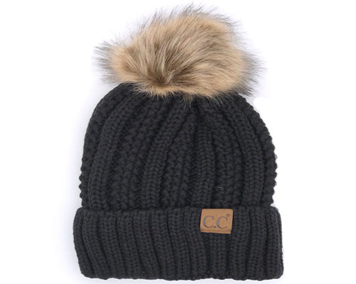 KIDS-820 SHERPA LINED BEANIE W/FAUX FUR POM - BLACK