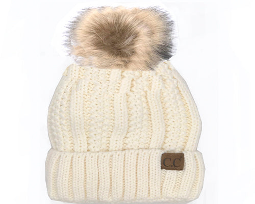 KIDS-820 SHERPA LINED BEANIE W/FAUX FUR POM - IVORY