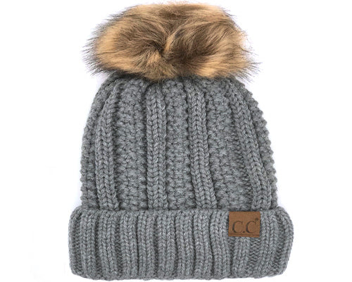 KIDS-820 SHERPA LINED BEANIE W/FAUX FUR POM - LT MEL GREY