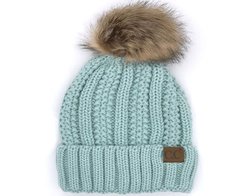 KIDS-820 SHERPA LINED BEANIE W/FAUX FUR POM - MINT