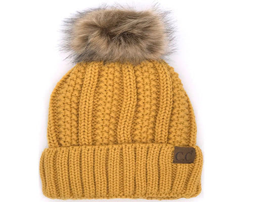 KIDS-820 SHERPA LINED BEANIE W/FAUX FUR POM - MUSTARD