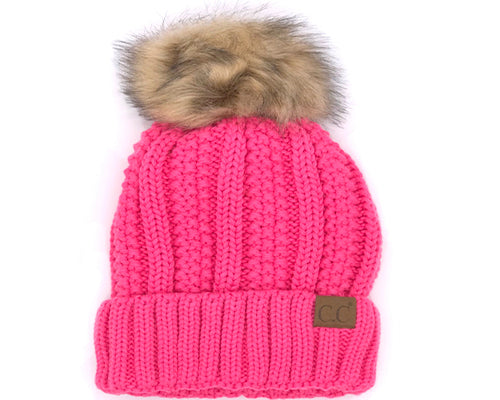 KIDS-820 SHERPA LINED BEANIE W/FAUX FUR POM - NEW CANDY PINK