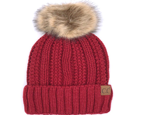 KIDS-820 SHERPA LINED BEANIE W/FAUX FUR POM - RED