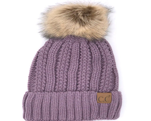 KIDS-820 SHERPA LINED BEANIE W/FAUX FUR POM - VIOLET