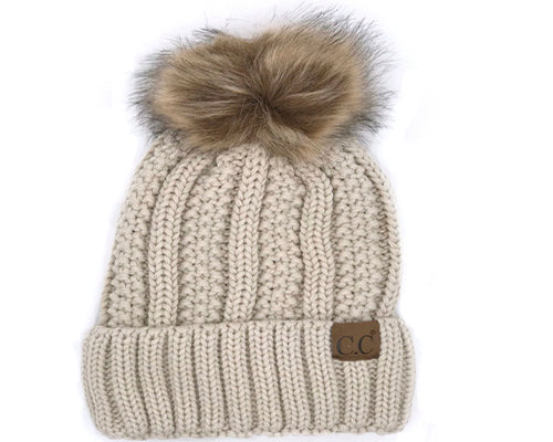 KIDS-820 SHERPA LINED BEANIE W/FAUX FUR POM - BEIGE