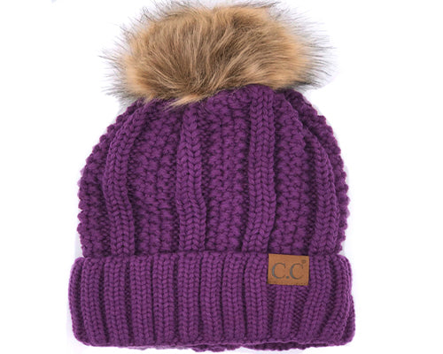 KIDS-820 SHERPA LINED BEANIE W/FAUX FUR POM - PURPLE