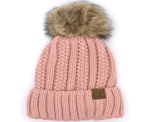 KIDS-820 SHERPA LINED BEANIE W/FAUX FUR POM - INDI PINK