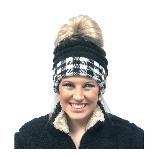 MB-17 MESSY BUN BUFFALO PLAID BLACK WHITE/BLACK