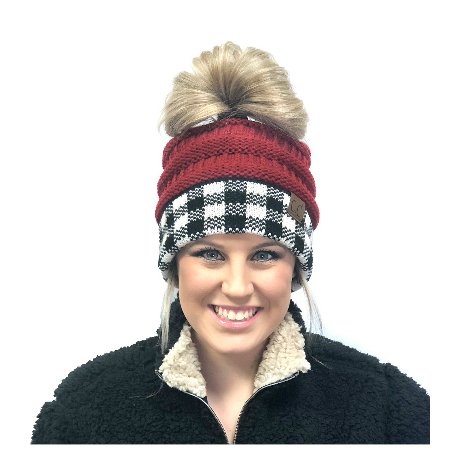 MB-17 MESSY BUN BUFFALO PLAID RED WHITE/BLACK