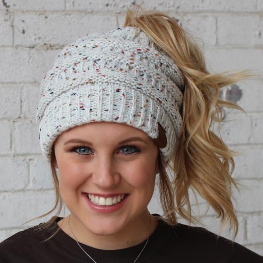 MB-33 MESSY BUN SPECKLED BEANIE IVORY