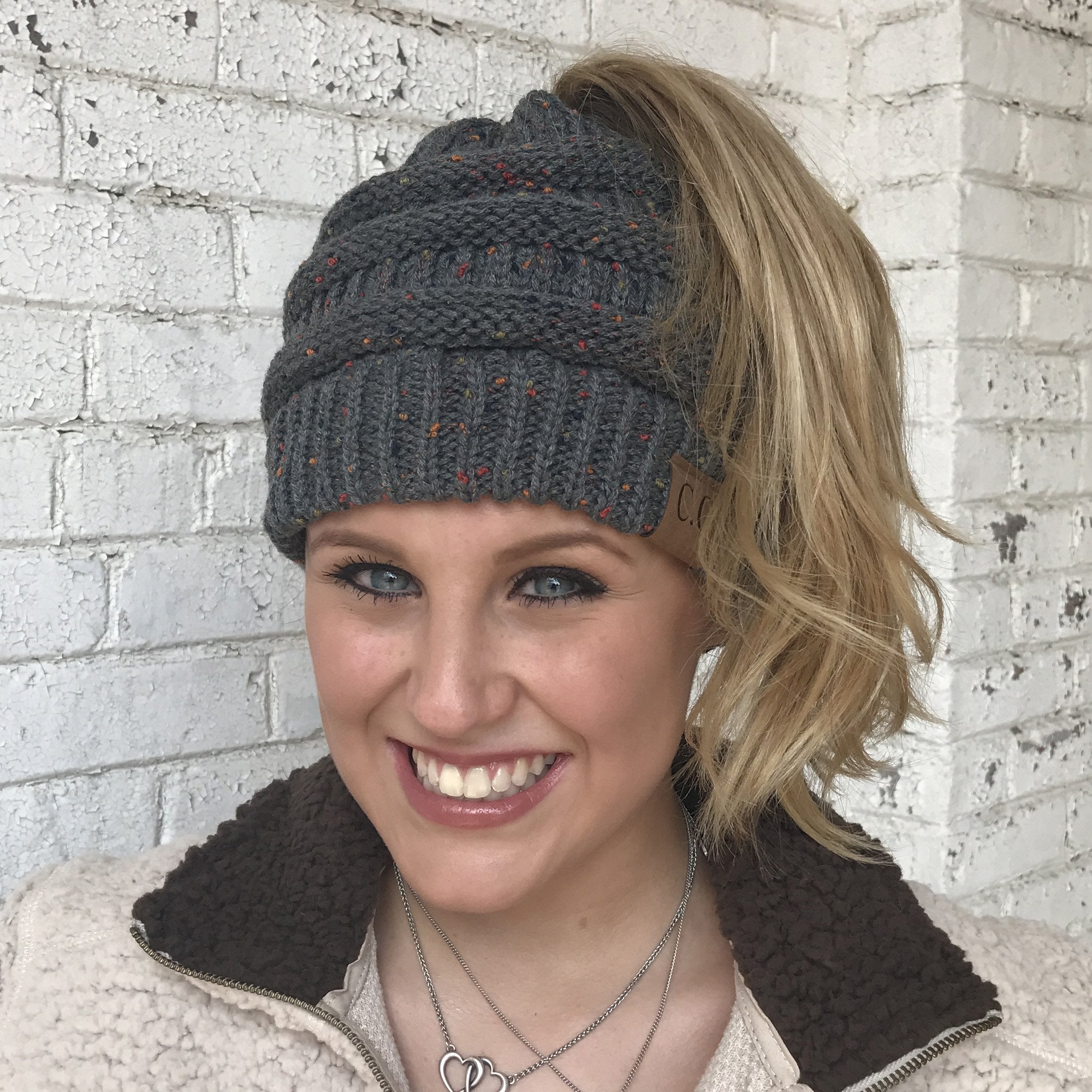 MB-33 MESSY BUN SPECKLED BEANIE DARK MELANGE GRAY