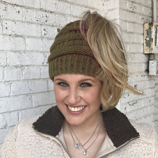 MB-33 MESSY BUN SPECKLED BEANIE OLIVE
