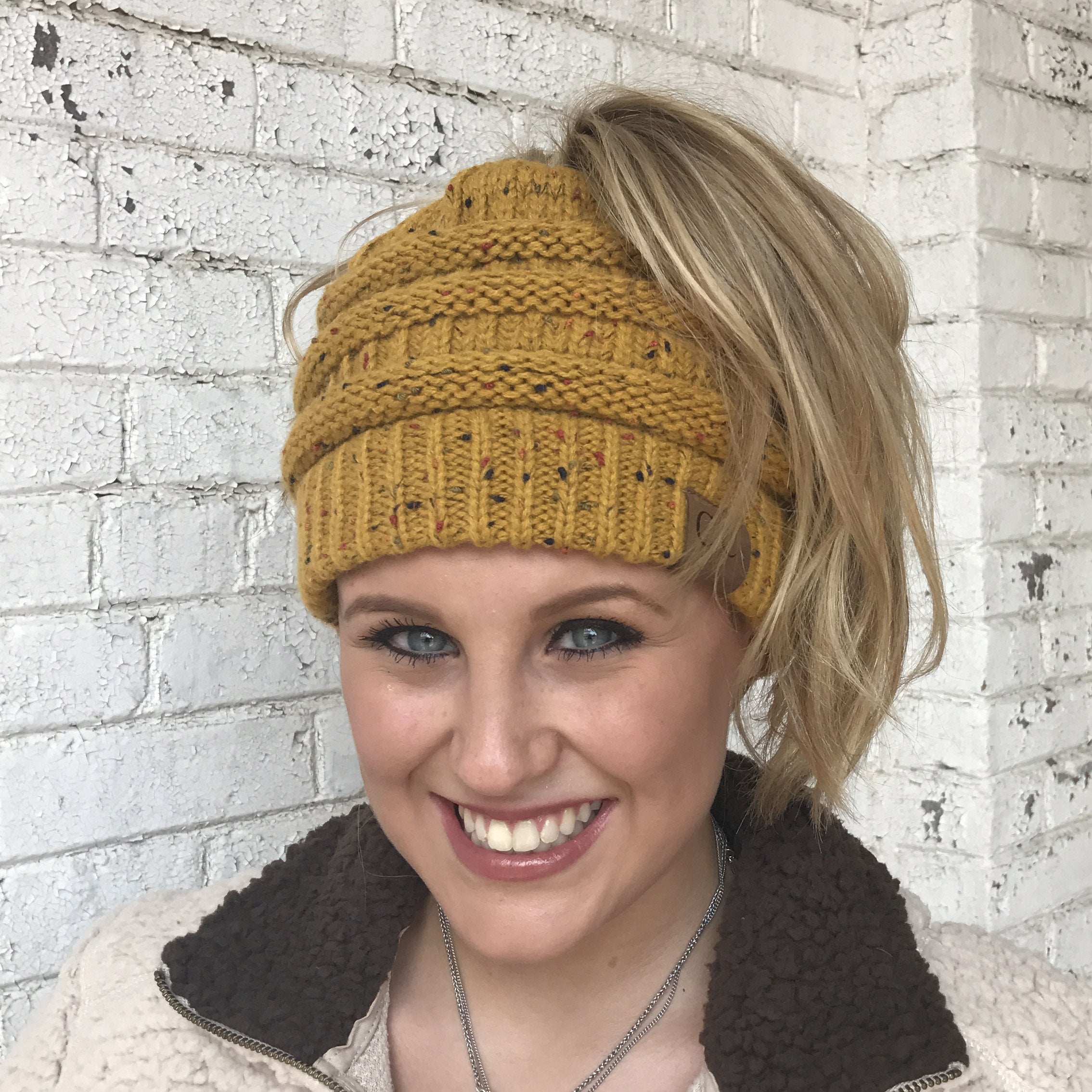 MB-33 MESSY BUN SPECKLED BEANIE MUSTARD